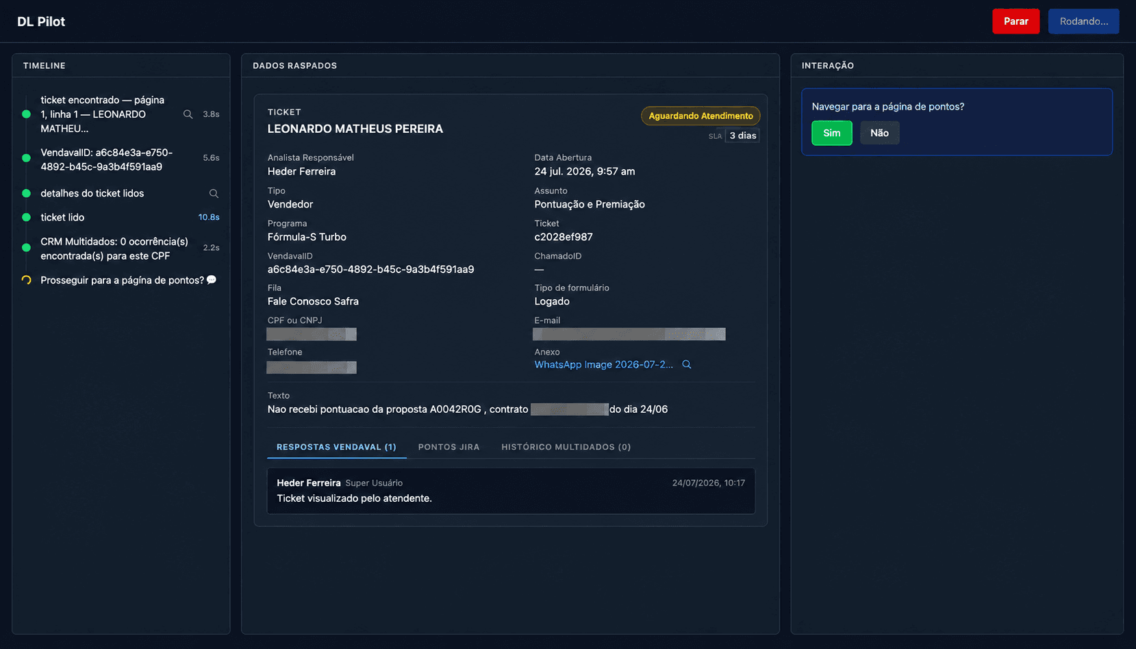 Tela Única: detalhe completo do ticket em uma só tela